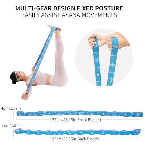 Yoga Strap with 10/12 Loops - Multi-Functional Stretch Band for Pilates, Dance, Gymnastics, Physical Therapy, Flexibility & Resistance Training, Ballet, Latin Workouts - color: Blue