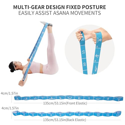 Yoga Strap with 10/12 Loops - Multi-Functional Stretch Band for Pilates, Dance, Gymnastics, Physical Therapy, Flexibility & Resistance Training, Ballet, Latin Workouts - color: Blue