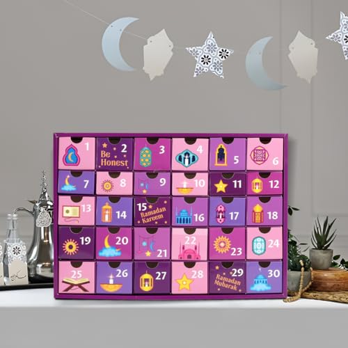 MOVINPE Ramdan Calendar with Drawers 2026 Ramadan Gifts for Kids, 30 Pre-Assembled Empty Boxes Eid Mubarak Coutdown Calendar Fillable Islamic Art Gift Box, Ramadan Party Supplies (Purple) - color: Purple