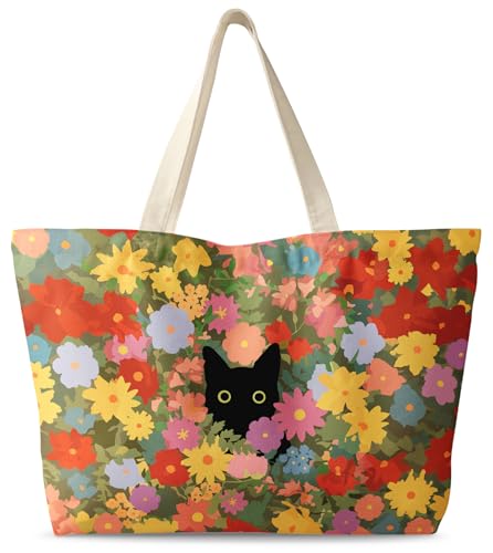 Miss Adola Large Tote Bag for Women - Canvas Tote Bag with Zipper Aesthetic Reusable Shoulder Bag for Gym, Travel, Work - style: Cat in Flower