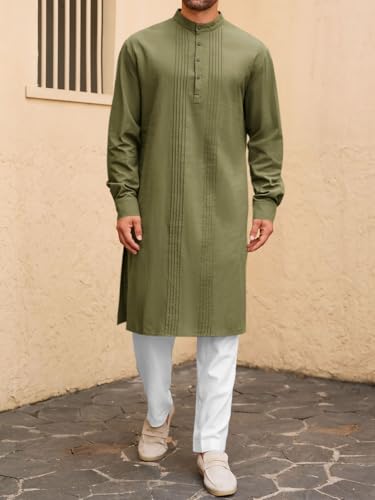 Runcati Mens Kaftan Robe Button Down Long Sleeve Cotton Linen Thobe Casual Muslim Gown Henley Shirt - color: Army Green, size: Large