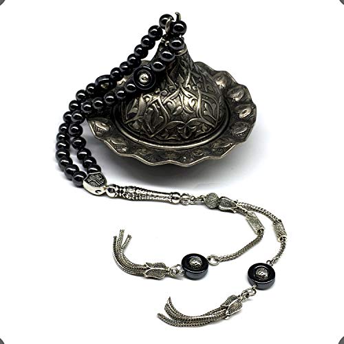 Design - Long & Stylist Tassels Worry Beads - Prayer Beads (8 mm-33 Beads) Tesbih-Tasbih-Tasbeeh-Misbaha-Subha-Sebha-Sibha-Rosary (Black Hematite - Silver Plated) - color: Black Hematite - Silver Plated