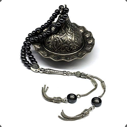 Design - Long & Stylist Tassels Worry Beads - Prayer Beads (8 mm-33 Beads) Tesbih-Tasbih-Tasbeeh-Misbaha-Subha-Sebha-Sibha-Rosary (Black Hematite - Silver Plated) - color: Black Hematite - Silver Plated