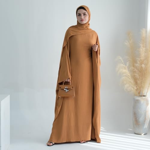 ODIZLI Abayas For Women Muslim Dubai Full Cover Kaftan Shirt Dress Batwing Sleeve Prayer Dress With Hijab - color: Brown + Hijab, size: Two
