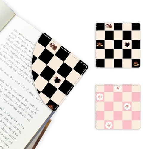 2 Pack Black and Pink Checkered Leather Book Corner Bookmark, Durable Handmade Reading Accessories - Gifts for Readers, Women, Men, Teachers, Students - color: 2pack-black and Pink Checkered