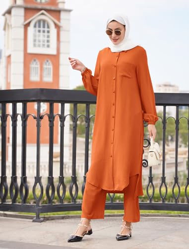 ODIZLI Women's Muslim 2 Pieces Sets Long Sleeve Button Down Shirt and Pants Abaya Casual Dress Dubai Outfits - color: Orange, size: Medium