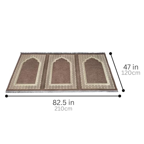 Muslim Thin Chenille Islamic Prayer Mat - Selcuk Star 3 Person (Beige) - color: Beige
