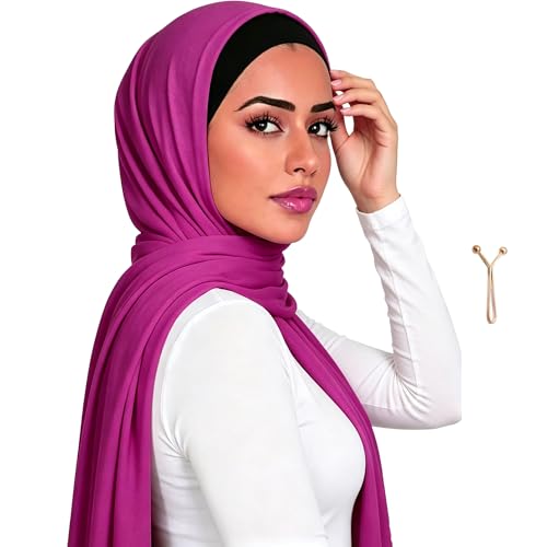 Jersey Hijab Scarf for Women,Lightweight Muslim Turban Head Scarf Modal Feel Hijab Coverings for Prayer with Clip - color: Rose Pink