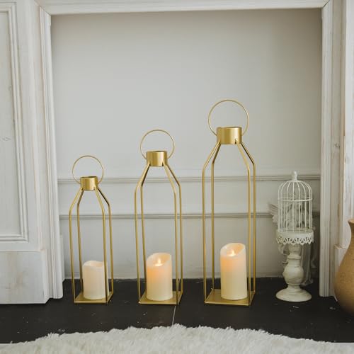 HPC DECOR 모던 팜하우스 랜턴 장식 - 55.9cm(22인치) 48.3cm(19인치) 40.6cm(16인치) 높이 대형 골드 메탈 캔들 랜턴 홈 데코용 - 랜턴 장식, 거실, 야외, 벽난로 맨틀 장식용 타이머 깜박이는 양초 포함 - size: 22inch,19inch and 16inch（Gold）