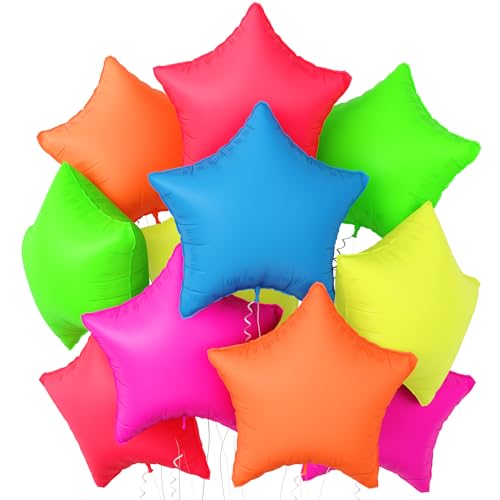 Neon Star Balloons, 12 Pcs Rainbow Colorful Star Shape Foil Balloon, 19 Inch Hot Pink Blue Green Yellow Red Orange Glow Pentagram Helium Balloon for Birthday 80s 90s Retro Disco Music Neon Party - color: Neon Colorful