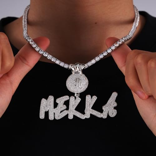 Lulu Mel Iced Out Personalized Cursive Name Necklace For Trendy Women, Custom Handmade Nameplate Pendant With Cuban Link Chain, White Gold Plated Hip Hop CZ Diamond Jewelry Gifts - color: Silver/Money Bag Bail