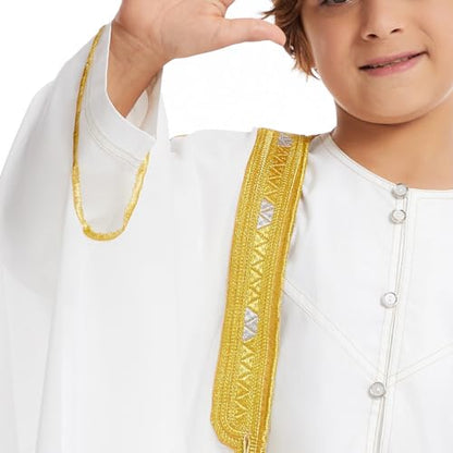 Kids Boys Muslim Cardigan Kaftan for Eid Ramadan Arabic Dubai Chiffon Long Sleeve Open Front Embroidered Robe - color: White, size: 5-7 Years
