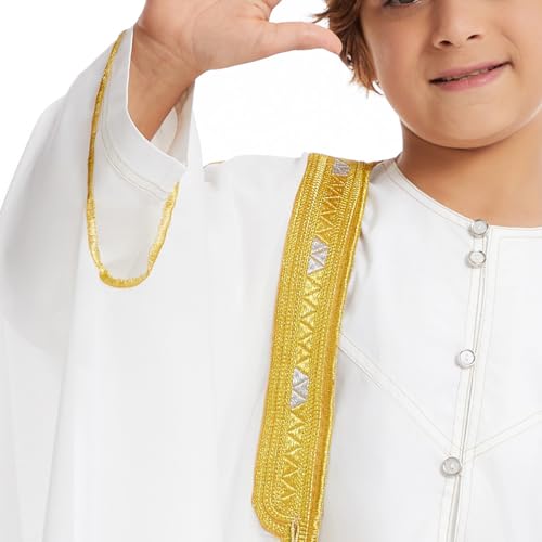Kids Boys Muslim Cardigan Kaftan for Eid Ramadan Arabic Dubai Chiffon Long Sleeve Open Front Embroidered Robe - color: White, size: 11-12 Years