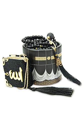 ihvan online Mini Quran & Tesbih Gift Set with Cylinder Box – 99 Pearl Muslim Prayer Beads, Misbaha Tasbeeh Sibha Mala – Islamic Ramadan, Eid & Mawlid Gift for Men & Women, Black - color: Black - Model 2