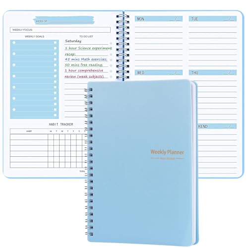 Undated Weekly Planner with Goal & Habit Tracker Notebook, Small A5 To Do List Week Planners Spiral Binding Personal Goal Journal Non Dated Weekly Planner Simple Agenda Planners for Work Kids School - color: Light Blue
