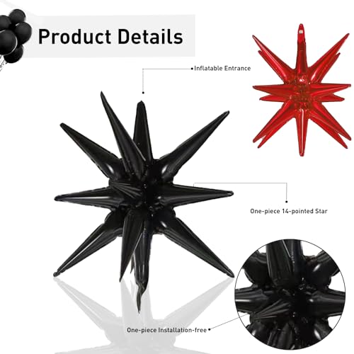 6 Pcs Star Foil Balloons One-Piece 14-Pointed Star Balloon 4D Starburst Cone Mylar Balloon 22inch Christmas Birthday Wedding Wedding Anniversary Party Supplies (Black + Red) - color: 22 Inches Black + Red
