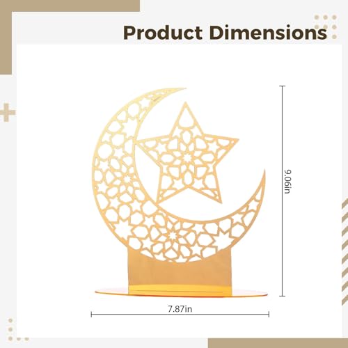 Gold Arabic Islamic Decor, Acrylic Star & Moon Table Centerpiece, Ramadan & Eid Decorative Signage, 9.1 X 7.9 in Mirror Ornament, Hollow-Carved Religious Decor for Home, Office