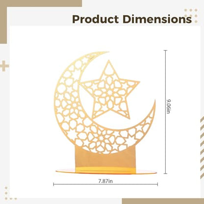 Acrylic Star & Moon Table Centerpiece, Gold Arabic Islamic Decor, Hollow-Carved Religious Ornament, Mirror Ramadan & Eid Signage, 9.1 X 7.9 in for Home, Office