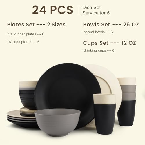 Homienly Wheat Straw Plates and Bowls Set, Lightweight & Unbreakable Dinnerware Set for Kitchen, Parties, Holidays, Microwave and Dishwasher Safe Dish Set - Plate Sets, Bowls, Cups, 24pcs (Grey Stone) - color: Grey Stone, size: 24 PCS