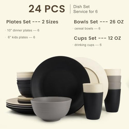 Homienly Wheat Straw Plates and Bowls Set, Lightweight & Unbreakable Dinnerware Set for Kitchen, Parties, Holidays, Microwave and Dishwasher Safe Dish Set - Plate Sets, Bowls, Cups, 24pcs (Grey Stone) - color: Grey Stone, size: 24 PCS