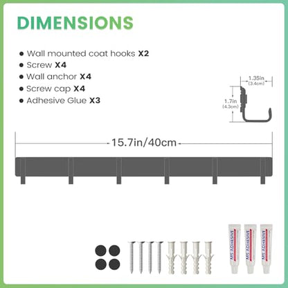 16-Inch Wall Mount Coat Rack with 6 Hooks, Compact Hooks for Hanging Coats, Hats, Jacket, Bags and Purses in Entryway, Bedroom, Bathroom or Closet, Install with Strong Glue or Screws (2-Pack) - color: Black - 2 Pack