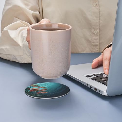 Coasters for Drinks Set of 6 Leather Drinks Coasters with Holder Round Cup Mat Pad Fish Aquarium Decorative Coffee Cup Beverage Coasters for Tabletop Protection Home Decor