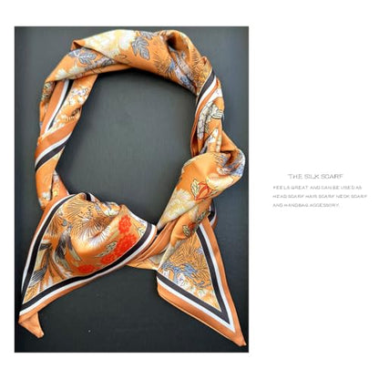 Silk Feeling Head Scarf Fashion Satin Hair Scarf Square Long Scarves for Women Gifts - color: 02 Orange Flowers/5.12 X 59 Inch