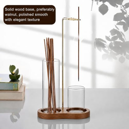 Incense Holder, 3 in 1 for Sticks with Detachable Anti-Ash Flying Incense Burner with Glass Ash Catcher andSticks Organizer Handmade Wooden Tray for Meditation Yoga Room Decor Package