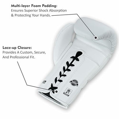 Aura 100 Full Grain Leather Lace Up Boxing Gloves for Men & Women – Professional Training, Sparring, Competition, Muay Thai, Kickboxing & Heavy Bag Gloves - color: White, size: 12 OZ