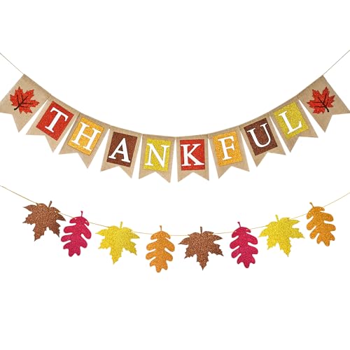 Glitter Thankful Burlap Banner with Maple Leaves - color: Thankful