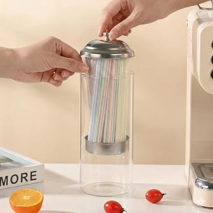Fox Run Glass Straw Holder with Stainless Steel Lid & Lifter For Countertop | 3.5" x 10.5" Dispenser with 100 Straw Capacity | Stores Chopsticks, Pencils, Pencils, Forks & More | Dishwasher Safe Holder