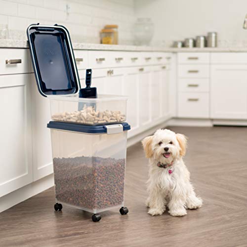 IRIS USA Dog Food Storage Container, 30 lbs & 11 lbs Combo, Cat Food Storage Container, Dog Treat Container, Airtight, Stackable, 2-Cup Scoop, Wheels, Easy Mobility, Navy - color: Navy