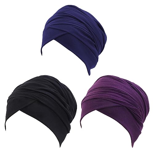 Turban Head Wrap Scarf,African Women' Soft Long Scarf Shawl Hair Bohemian Headwrap Stretch Headband Tie - color: Set D-black+purple+navy