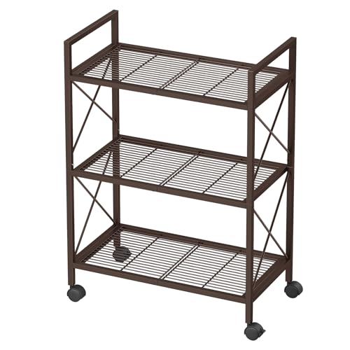 SONGMICS 3-Tier Metal Storage Rack with Wheels, Mesh Shelving Unit with X Side Frames, 23.6-Inch Width, for Entryway, Kitchen, Living Room, Bathroom, Industrial Style, Metallic Bronze UBSC163A01 - color: Metallic Bronze, size: 3 Tiers (23.6"W)
