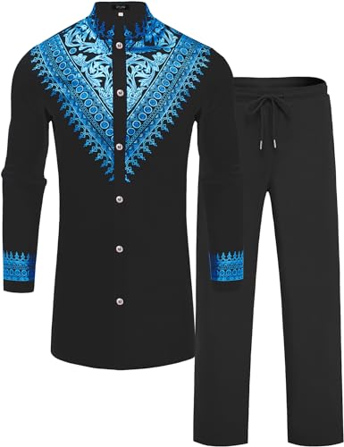 Mens African 2 Piece Set Metallic Traditional Suit Gold Stamp Printed African Dashiki Shirt and Pants Outfit - color: Black Blue, size: Small