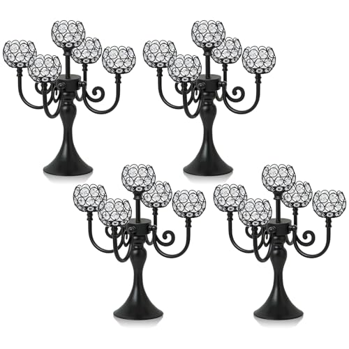 5 Arm Metal Crystal Candelabra Centerpiece - 13.4 Inch Elegant Candle Holder with Crystal Beads for Wedding Party Christmas Home Dining Table Decoration (4, Black) - color: Style-a-black