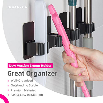 4 Pack Broom Holder Wall Mount, Improved Super Anti-Slip Mop and Broom Holder Wall Mount, Broom Hanger Gripper for Kitchen, Bathroom, Closet, Garden Garage, Black