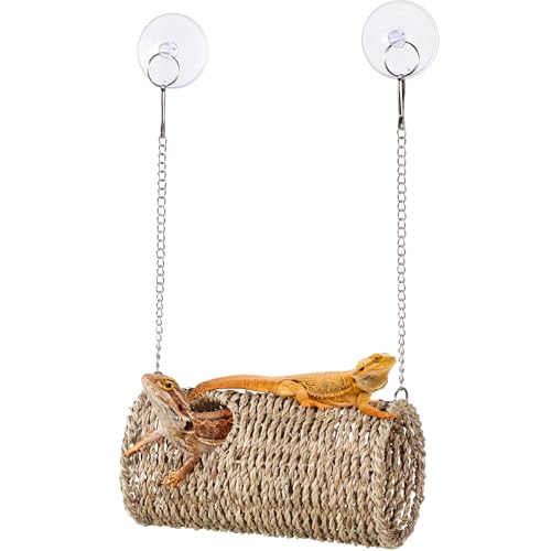 CroBlissful Bearded Dragon Tank Accessories Toys Reptile Hide Hollow Cave Hideout with Suction Cup and Chain Gecko Hide Reptile Tank Decor for Lizard Snake Hermit Crab(Long Cylindrical,Pale Yellow) - color: Pale Yellow, style: Long Cylindrical