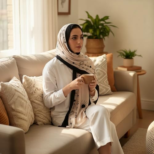 Hijab Modest and Elegant | Beautifully Designed Printed Chiffon Patterns | Muslim Women Head Scarf and Veil - color: Beige