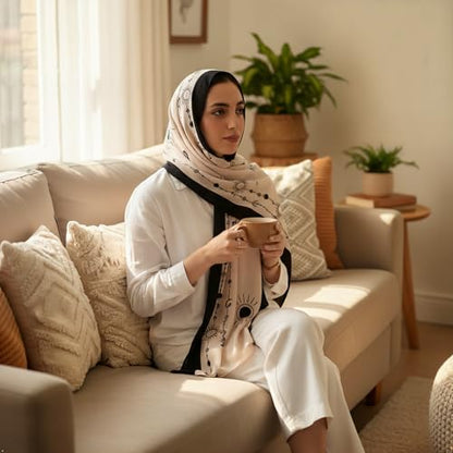 Hijab Modest and Elegant | Beautifully Designed Printed Chiffon Patterns | Muslim Women Head Scarf and Veil - color: Beige
