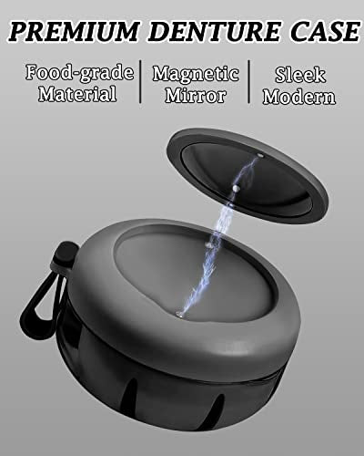 Denture Case, Definitely No-Leak Denture Bath Box for Traveling Perfectly, Denture Cup with Strainer & Magnetic Mirror,Completely Clean Care for Retainer, Mouth Guard, & Denture - color: Black
