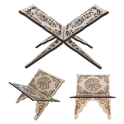 Quran Holder Foldable Wooden Quran Stand Book Holder for Prayer Reading, Muslim Bible Display, Cookbook Magazine Stand for Home Mosque Chapel 9.8x8.1x6.7'' Wood Color