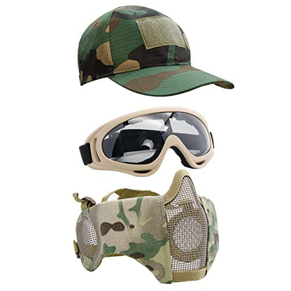 Airsoft Mask with Goggles, Foldable Half Face Airsoft Mesh Mask with Ear Protection for Paintball Shooting Cosplay CS Game - color: camouflage-3pcs, size: 3pcs