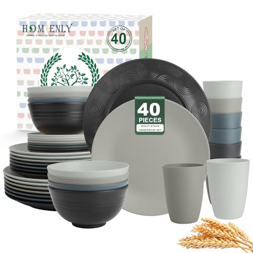 Homienly Premium 40 PCS Wheat Straw Dinnerware Set - Dinner Plates, Cereal Bowls, Unbreakable Cups Set, Microwave and Dishwasher Safe Dishes Set, Reusable Lightweight Dish Sets for Kitchen(Black Grey) - color: Black Grey, size: 40 PCS