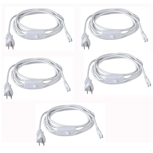 5 Pack 10FT Extension Power Cord for T5 T8 Tube Ceiling Lights | On/Off Switch, 3 Prong US Plug Hardwired Female End, Linkable Connecting Wire for Garage Warehouse Shop Lighting