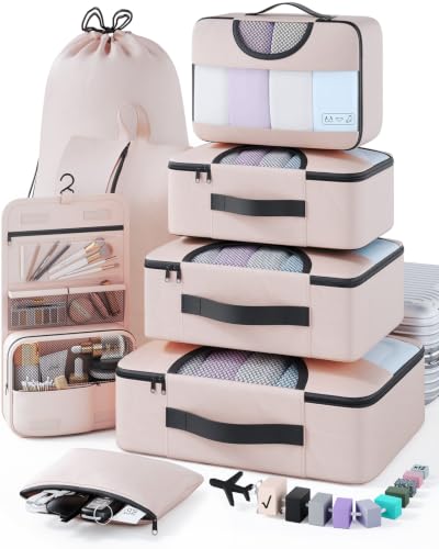 Veken 8 Set Packing Cubes for Travel Essentials, Suitcase Organizer Bags in 4 Sizes, Carry-On Luggage Accessories with Laundry Bag, Airplane Must Have, Gifts for Women Men - color: 01 Cream