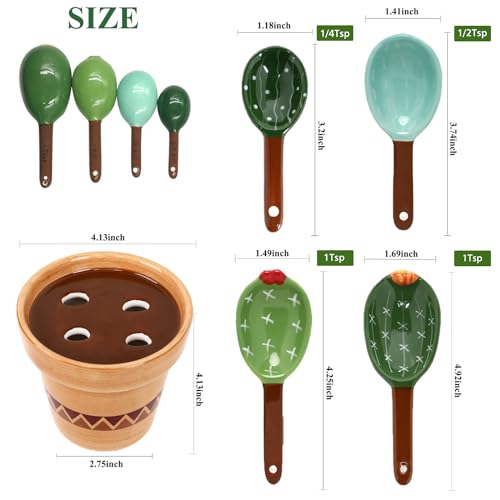 5 Pieces Measuring Spoons Set/Ceramics Spoons and Measuring Base Cup/for Dry and Liquid Ingredient, Cute Cactus Shape (Wave base) - color: Wave base