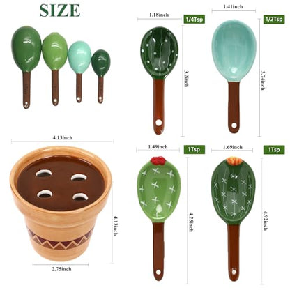 5 Pieces Measuring Spoons Set/Ceramics Spoons and Measuring Base Cup/for Dry and Liquid Ingredient, Cute Cactus Shape (Wave base) - color: Wave base