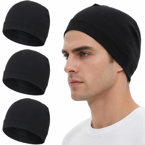 100% Cotton Skull Caps Beanie Bald Sleeping Hats for Men Women - color: 3pack-3black