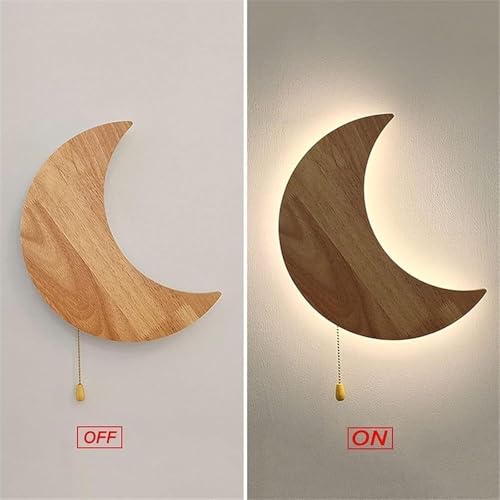 Moon Shape Nordic Style Wall Sconce 11.9-Inch Oak Wood Wall Lamp with Pull Chain Switch 3 Color Temperatures Acrylic Crescent Light Fixture for Bedroom Study Hallway